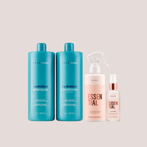 Kit Stages Hydration Shampoo e Condicionador 1L + Essential Fluido Reparador + Essential Oil